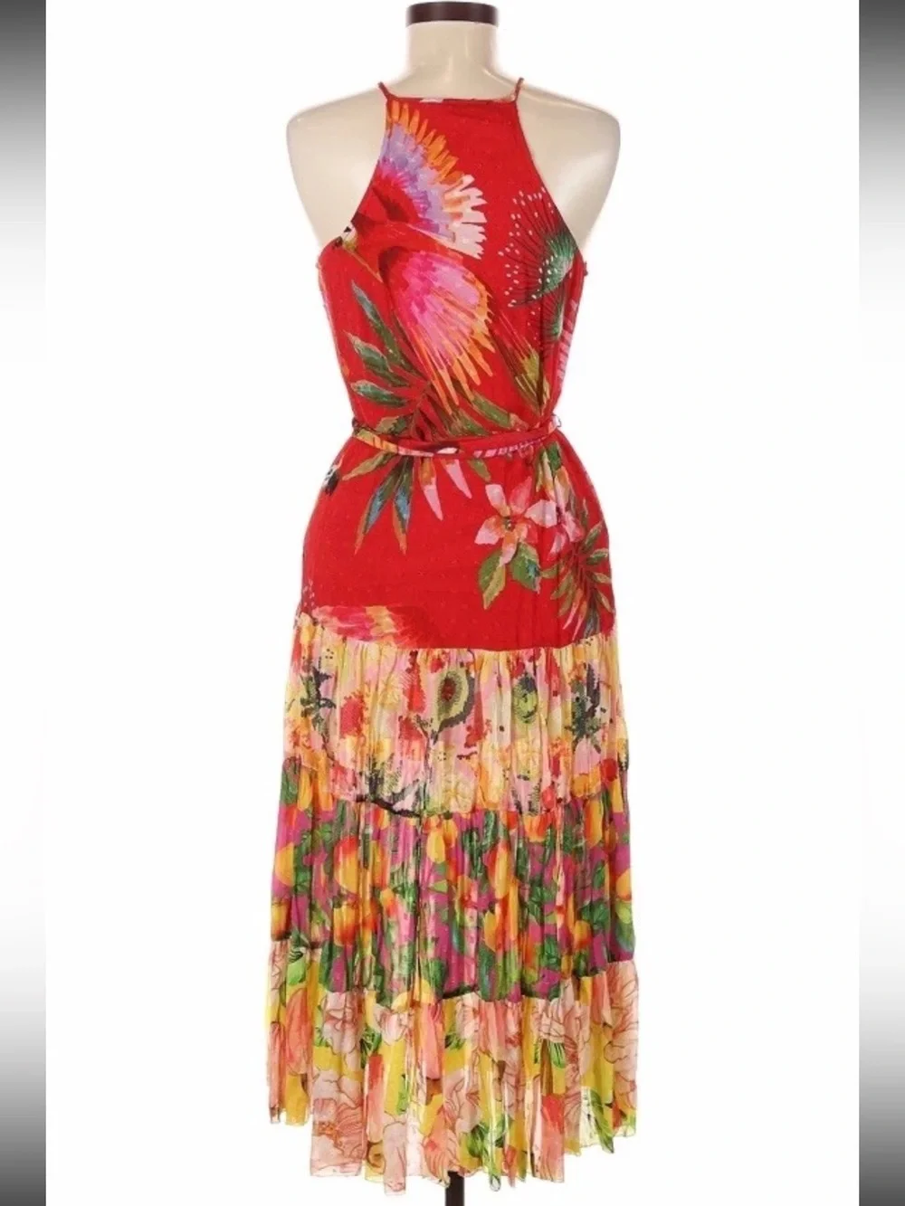 NWT Farm Rio x Anthropologie Red Tropical Halter Midi Dress Size S